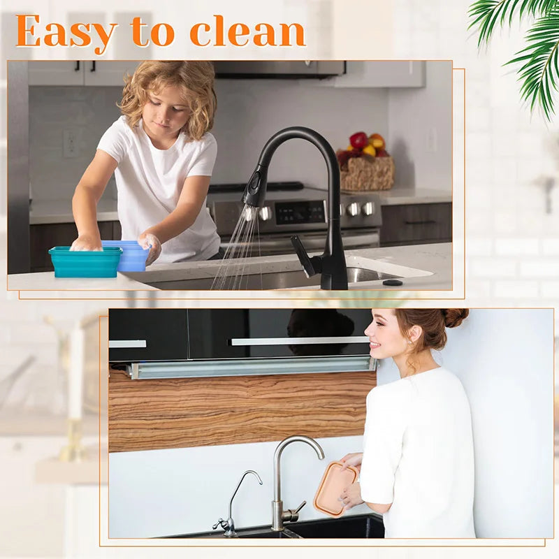 Two scenes showing a kitchen sink with a faucet: one with a child washing dishes, the other with a woman using a sponge.