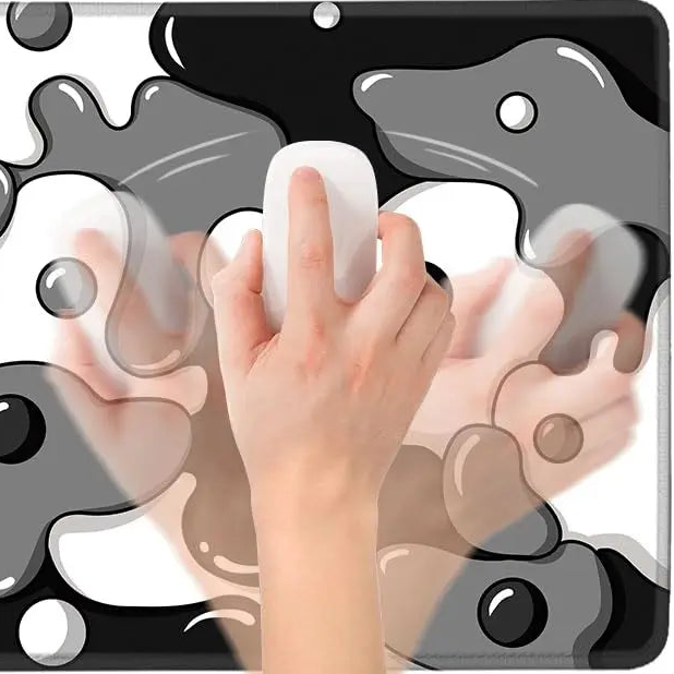 Black, white and grey abstract smooth mouse pad shown in use with mouse.