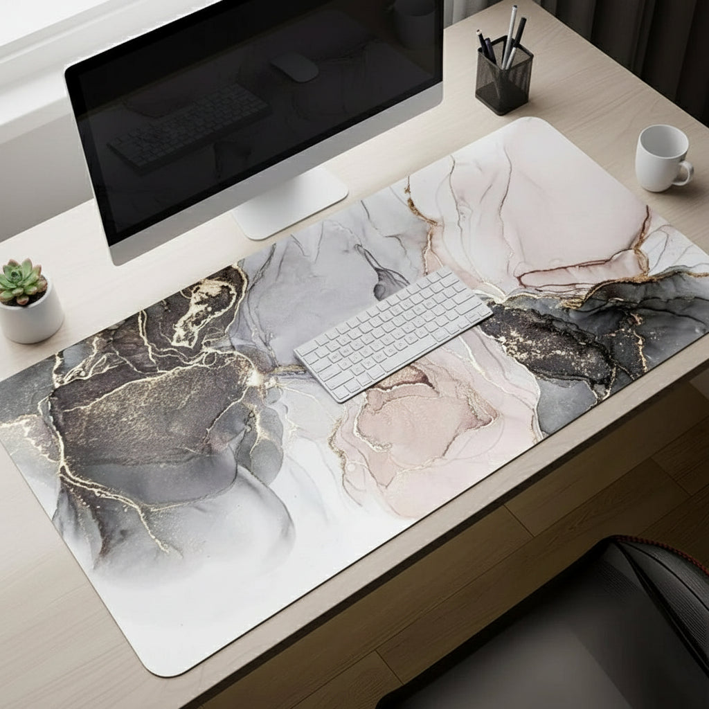 Desk setup with a marble-patterned desk mat, computer monitor, keyboard, and office supplies.