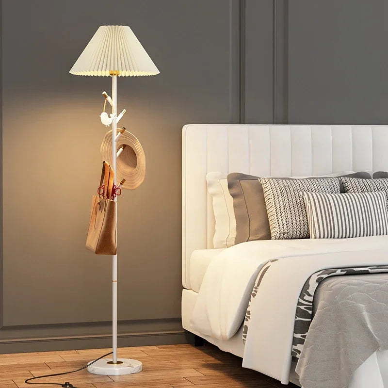 White LED coat stand floor lamp with fabric lampshade