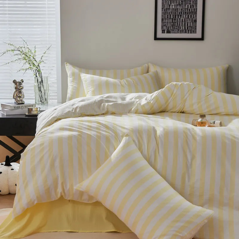 Butter yellow and white striped 4-piece bedding set in soft twill fabric