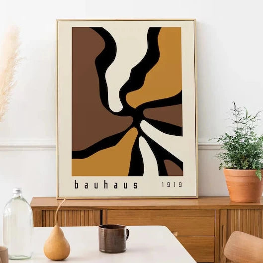 Bauhaus abstract print with brown, cream, mustard, and black organic shapes