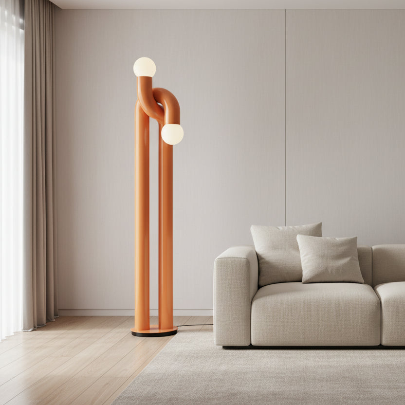 Orange sculptural floor light fixture with glass globe shades, 185cm