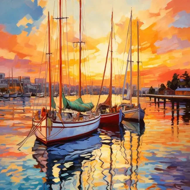 Impressionist-style painting of sailboats in a harbour during a bright orange and yellow sunset.
