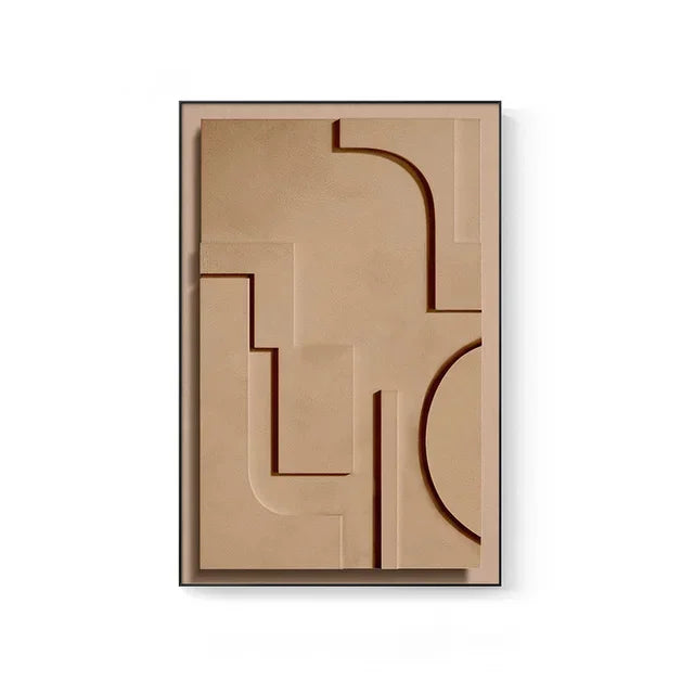 Abstract geometric wall art in a brown frame on a white background