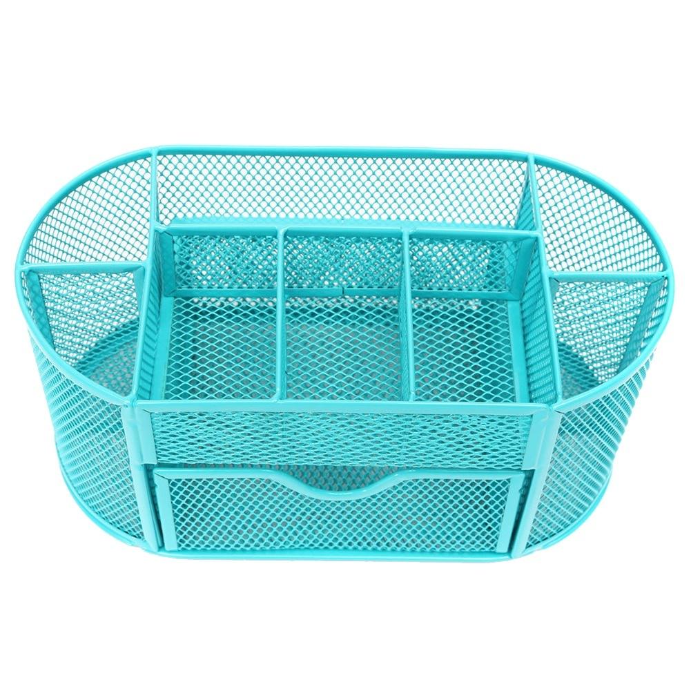 Turquoise mesh desk organizer with multiple compartments on a white background