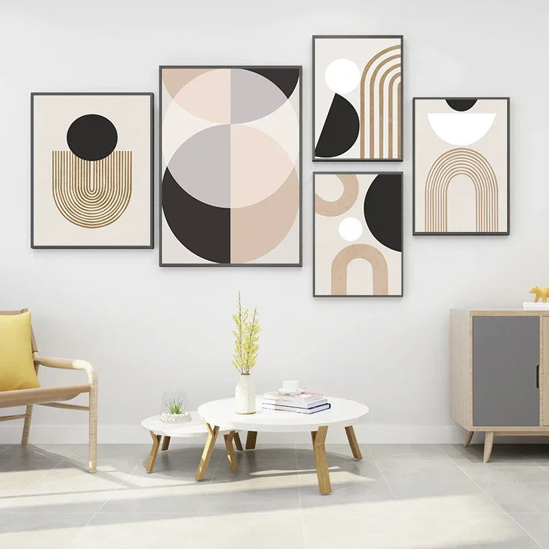 Modern living room with abstract wall art and minimal decor