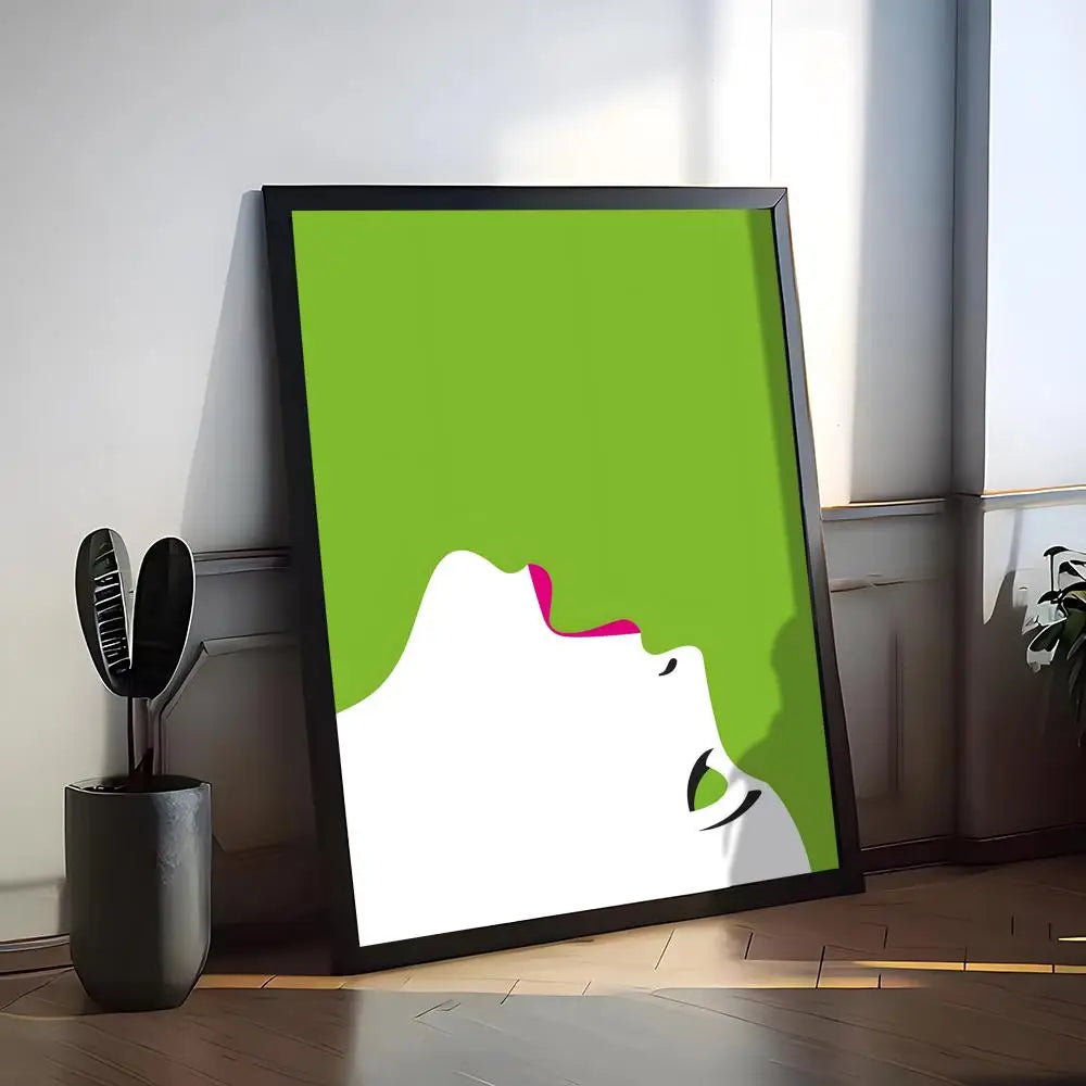 Minimalist canvas art of a green and white facial silhouette with a vibrant pink lip accent.