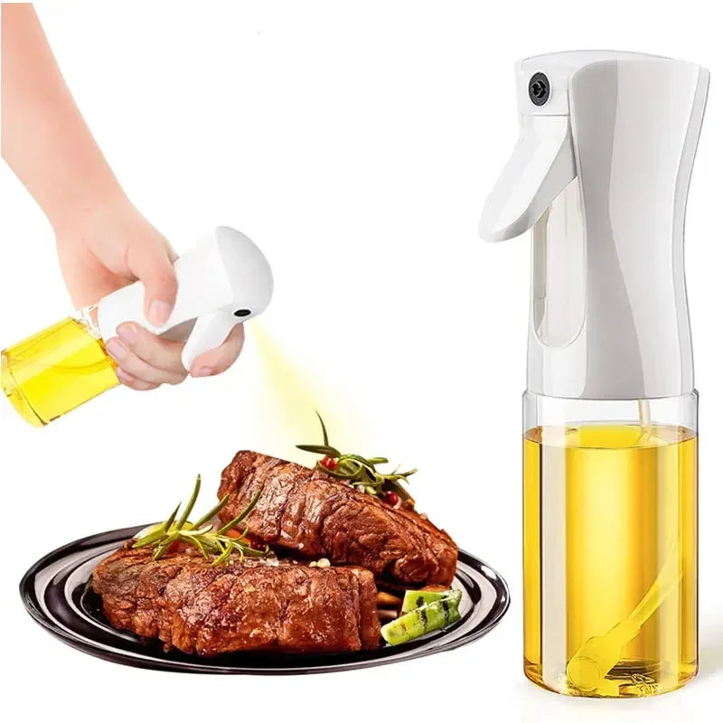 Olive oil sprayer being used to season meat on a plate with a white background