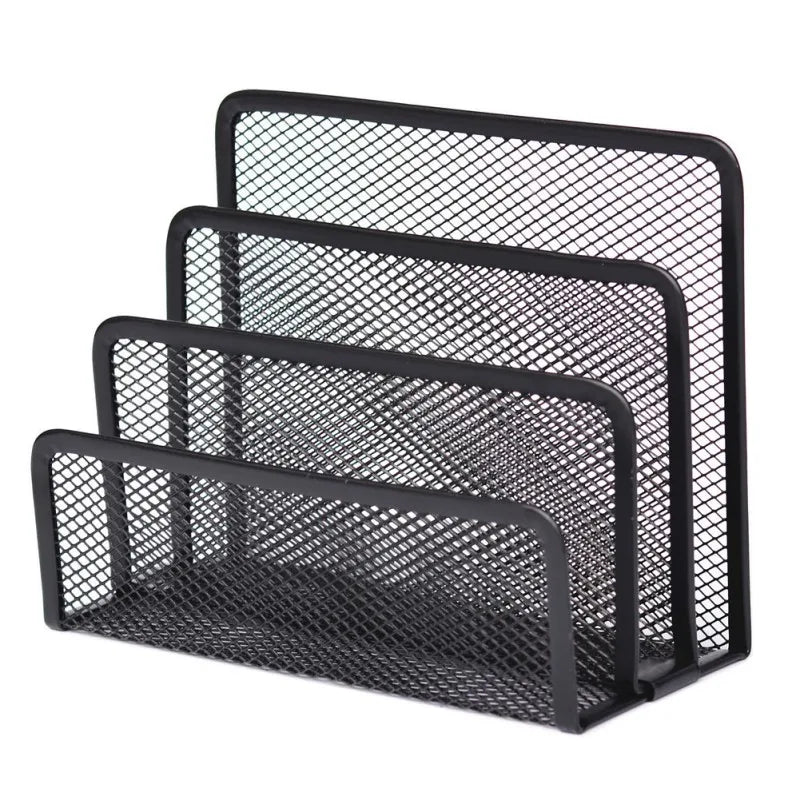 Set of three black mesh desk organizers on a white background
