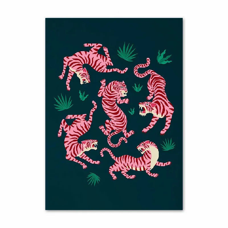 Illustration of pink tigers on a dark blue background with green leaves.