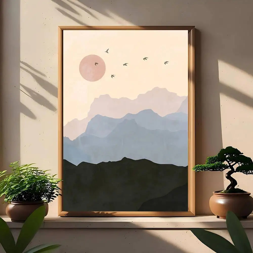Layered mountain canvas print in soft blues with a blush sun and small birds overhead.