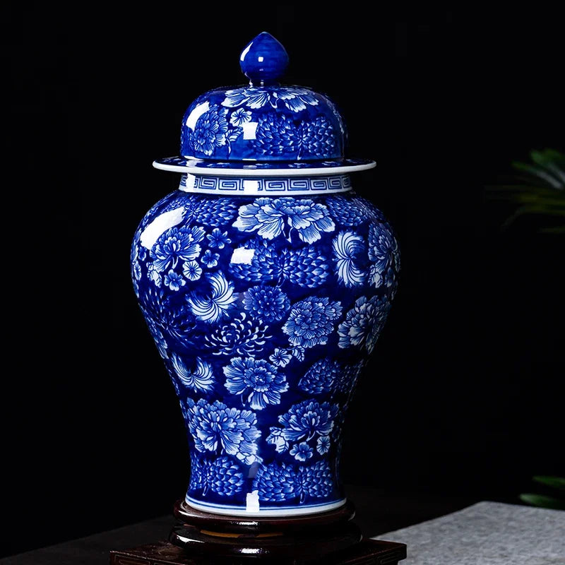 Blue and white ginger jar vase with lid and floral pattern