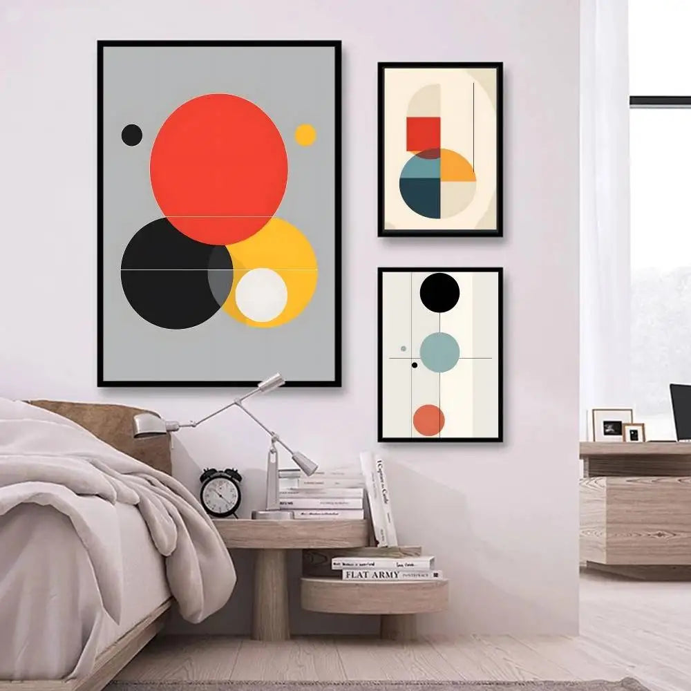 Modern bedroom with abstract art on the wall