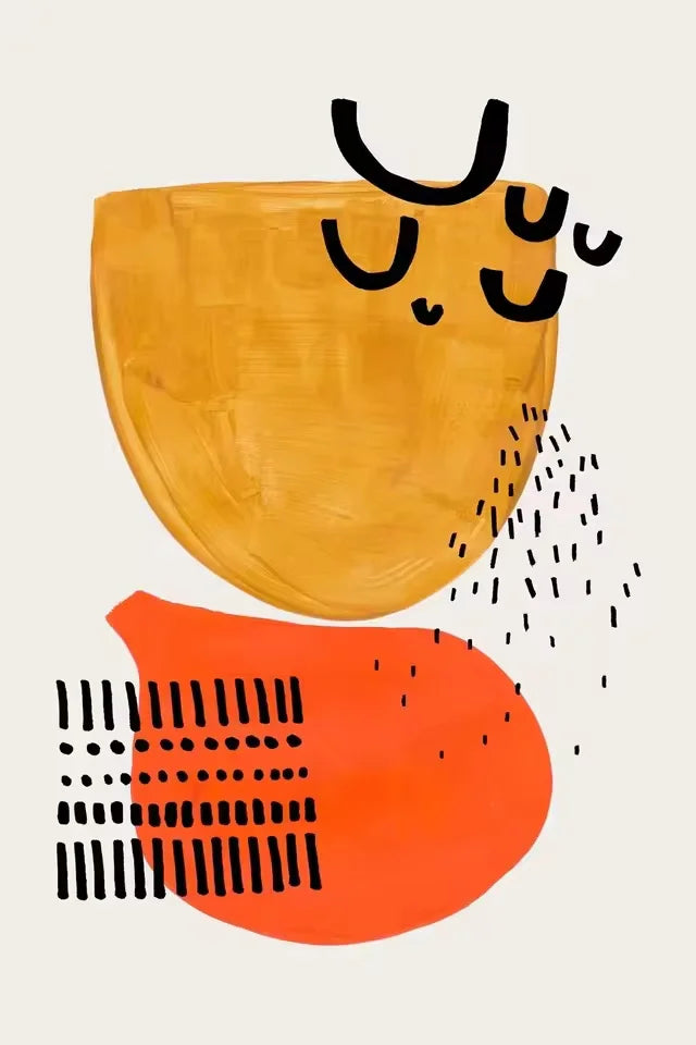 Abstract art with orange and red shapes on a beige background