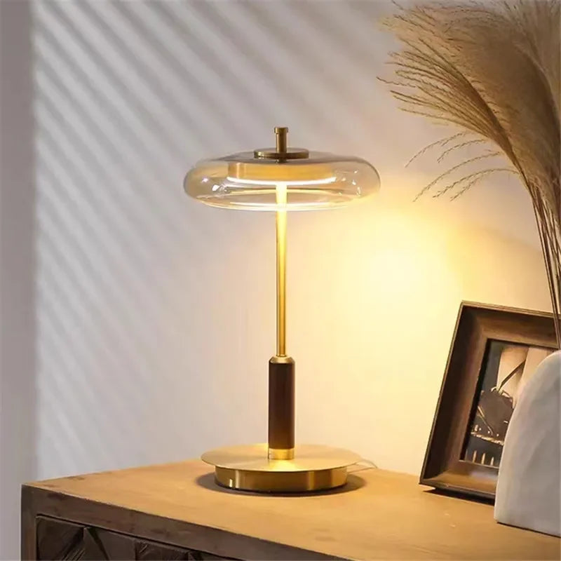 Modern copper and glass table lamp with a clear halo shade – 40.5cm height