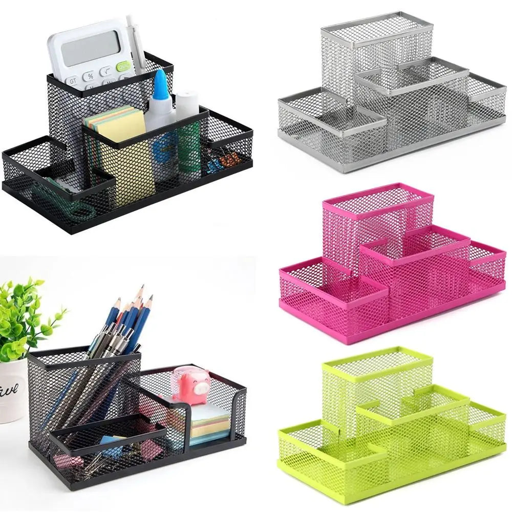 Collection of mesh desk organizers in black, gray, pink, and green with office supplies.