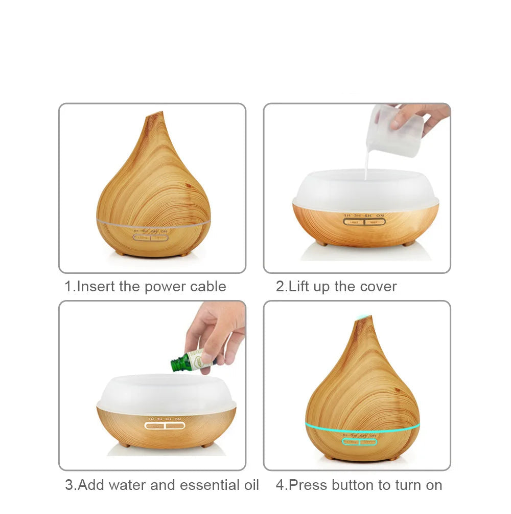 Step-by-step guide on how to use a wooden diffuser with images and text.