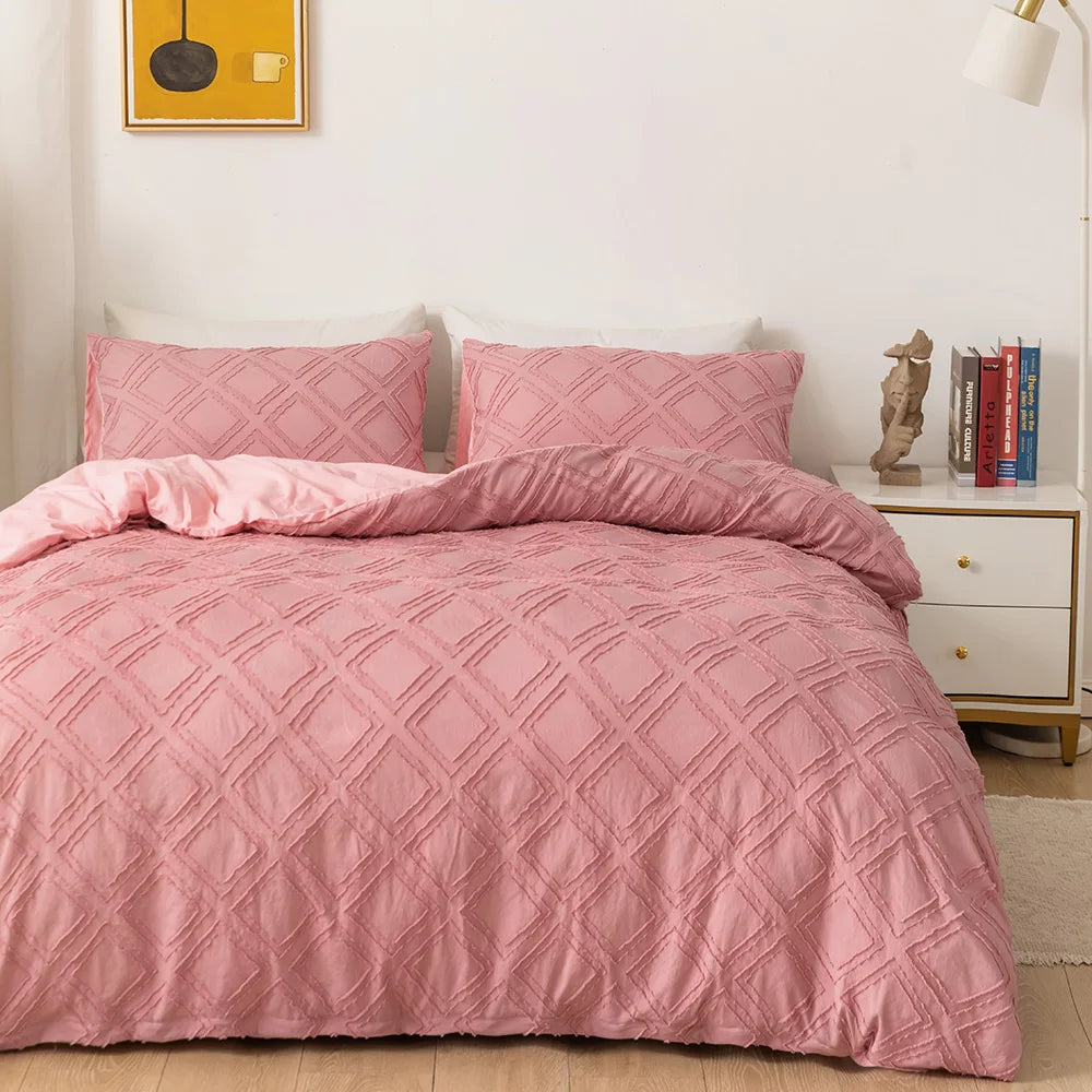 Blush pink textured geometric bedding set with raised diamond pattern