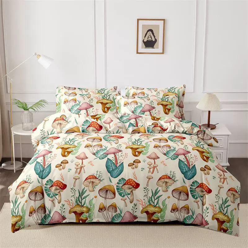 Cream bedding set with colourful mushroom and botanical print