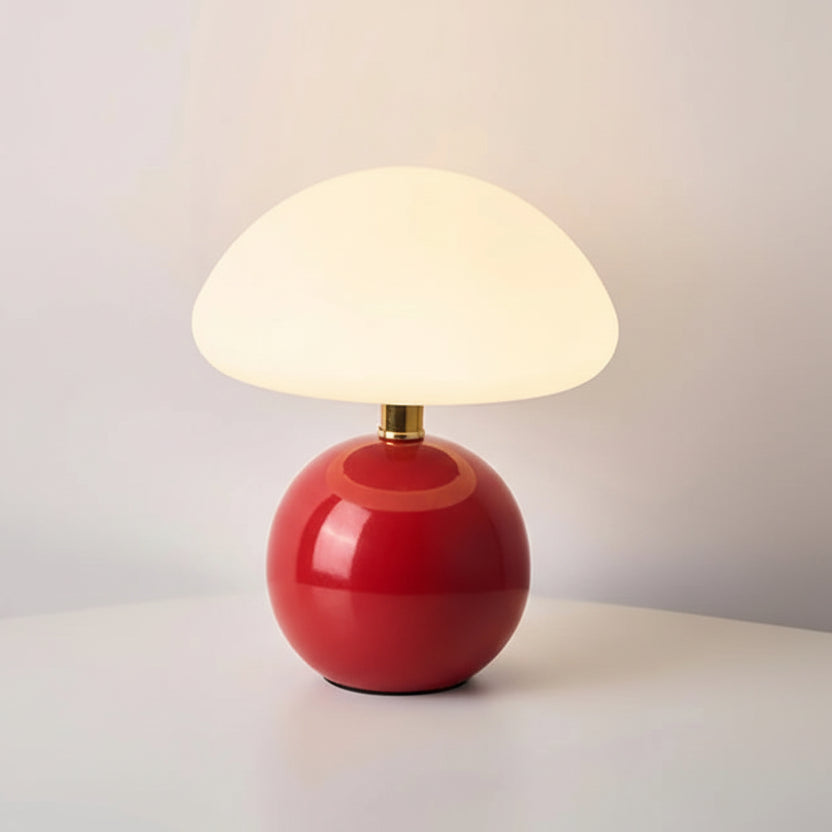 Red table lamp with dimensions and specifications on a light grey background