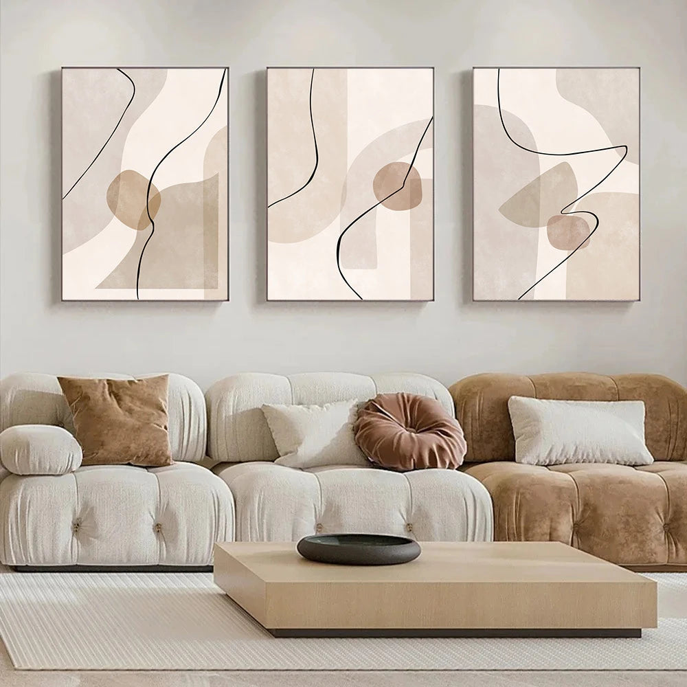 Three-panel abstract canvas set in beige and taupe tones with continuous line art design
