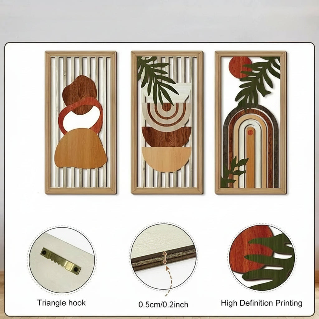 Three framed wall art pieces with geometric designs, accompanied by product size details.