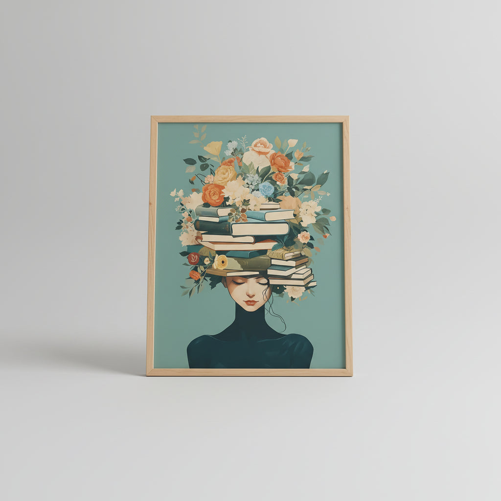 Canvas print of a serene woman with stacked books and floral crown on a teal background
