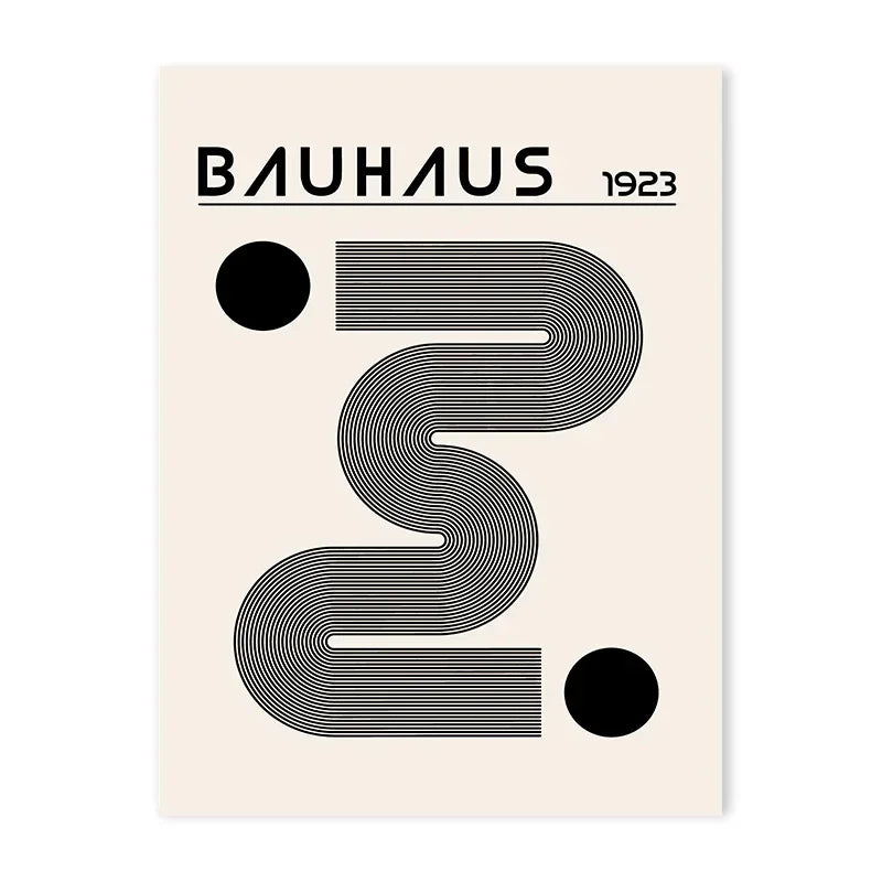 Black and white Bauhaus cotton canvas print with curved line design and two black circles