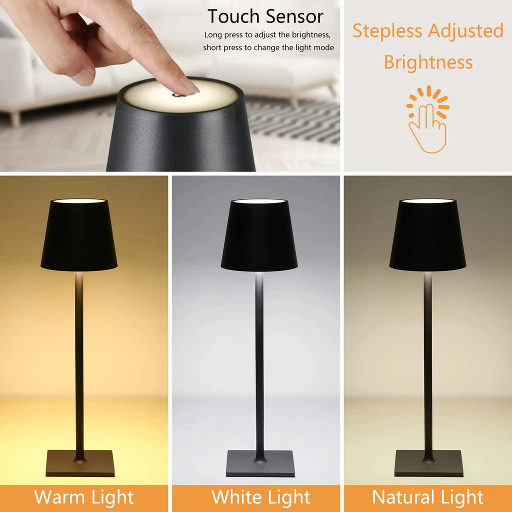 Black table lamp with touch sensor control showing different light modes.