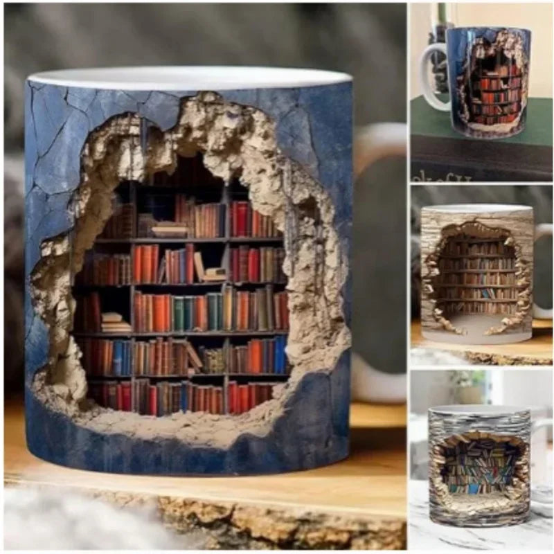 Mug with a design of books inside a cave-like structure on a wooden surface.
