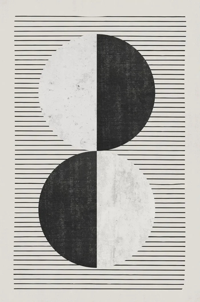 Geometric design with black semicircles and lines on a textured beige background