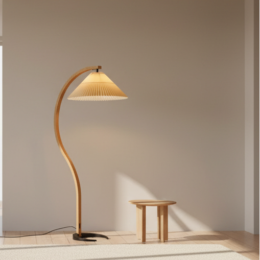 Curved beechwood floor lamp with coffee pleated fabric shade 150cm