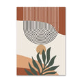Abstract art print with geometric shapes and leaves on a beige background