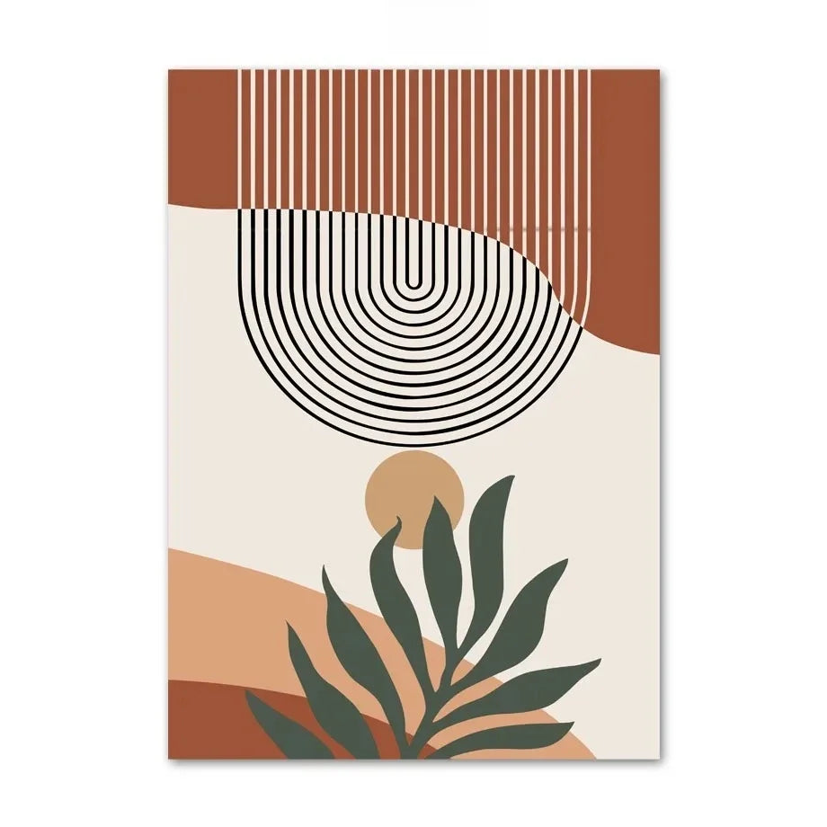 Abstract art print with geometric shapes and leaves on a beige background