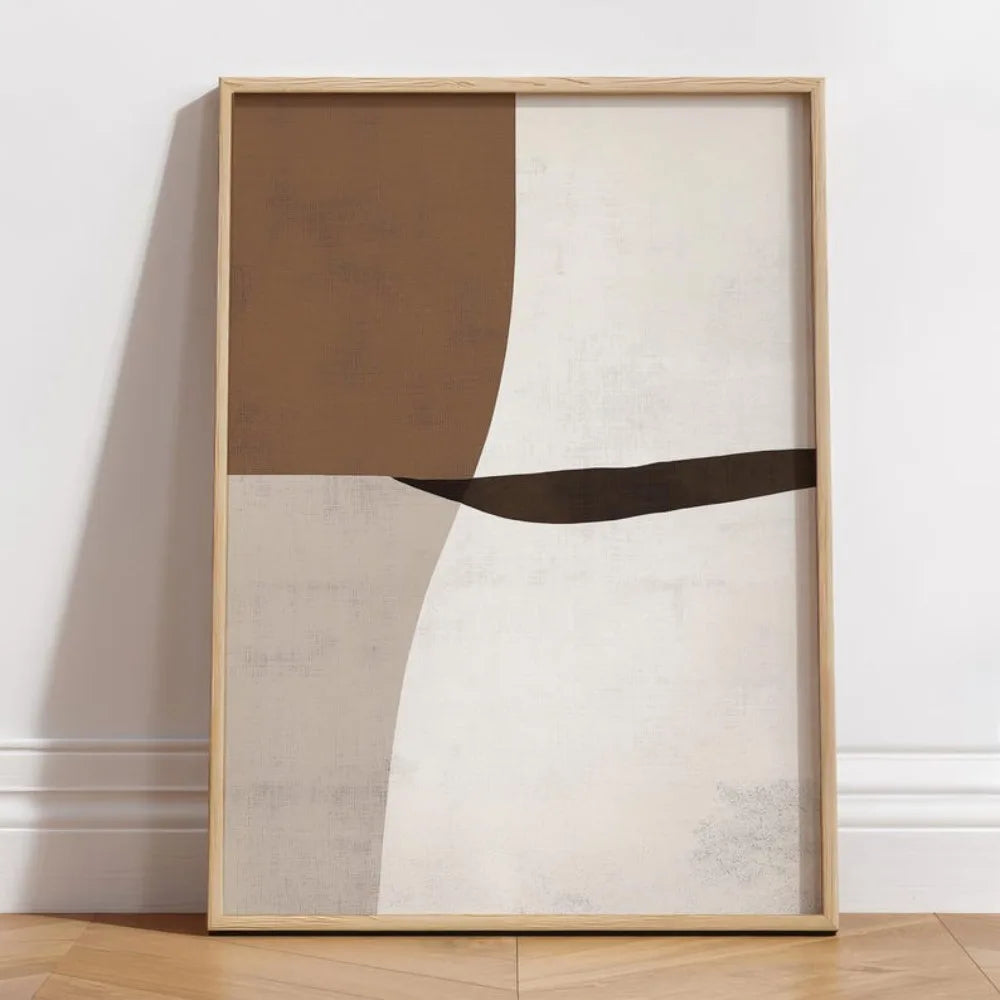 Neutral abstract canvas print with soft curved shapes in brown, cream, beige, and dark brown across a minimal composition