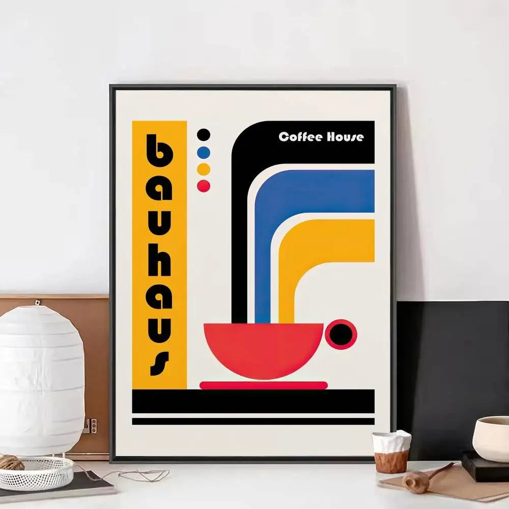 Bauhaus coffee house print with a red cup, curved graphic shapes, and bold black, blue, yellow, and red accents.