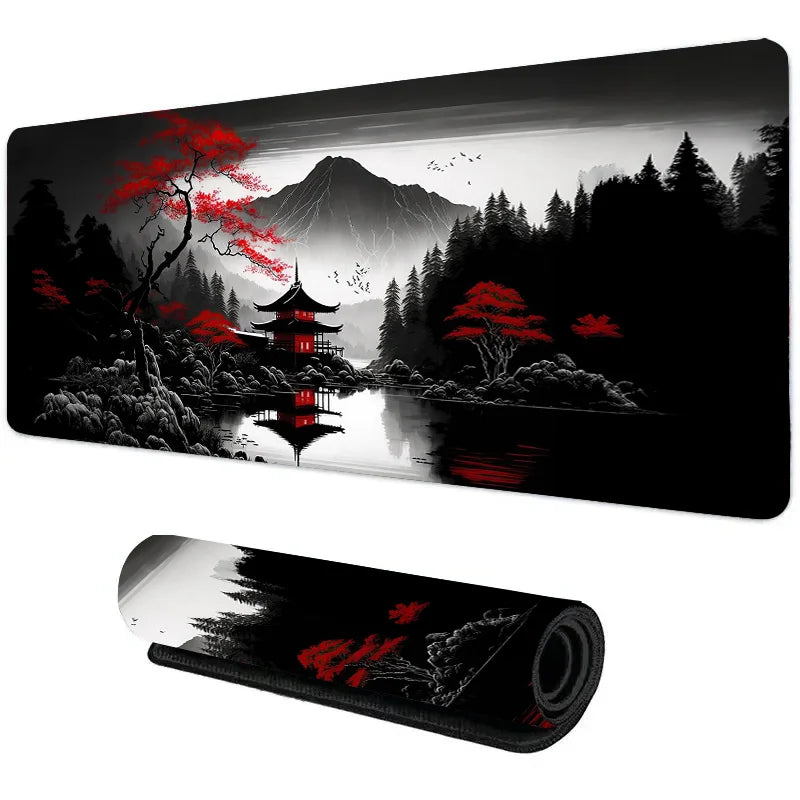 Large mouse pad with dark forest, red pagoda, and red blossom trees reflected in a still river