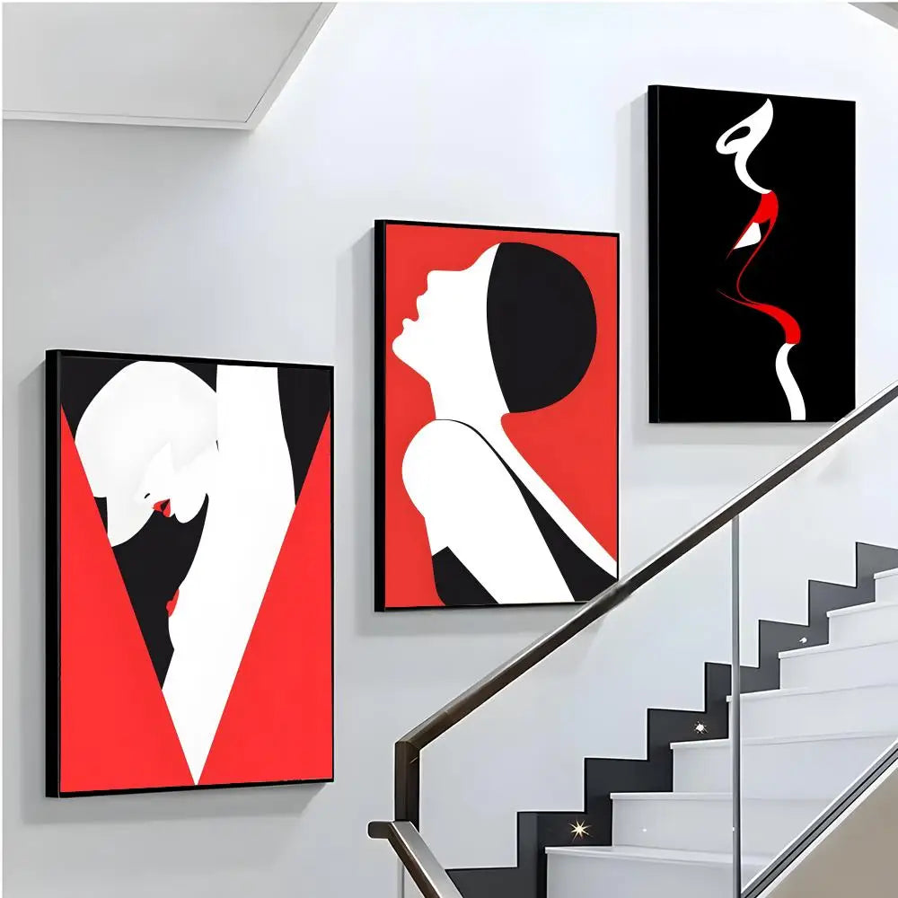 Three black, red, and white silhouette high contrast abstract prints.