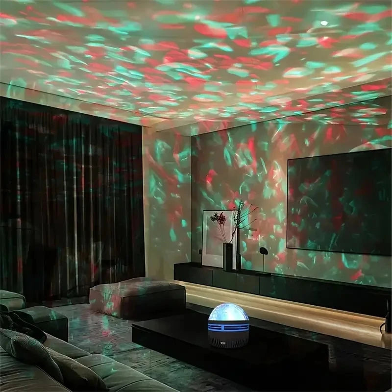 Living room with colorful ceiling projections and a decorative lamp.