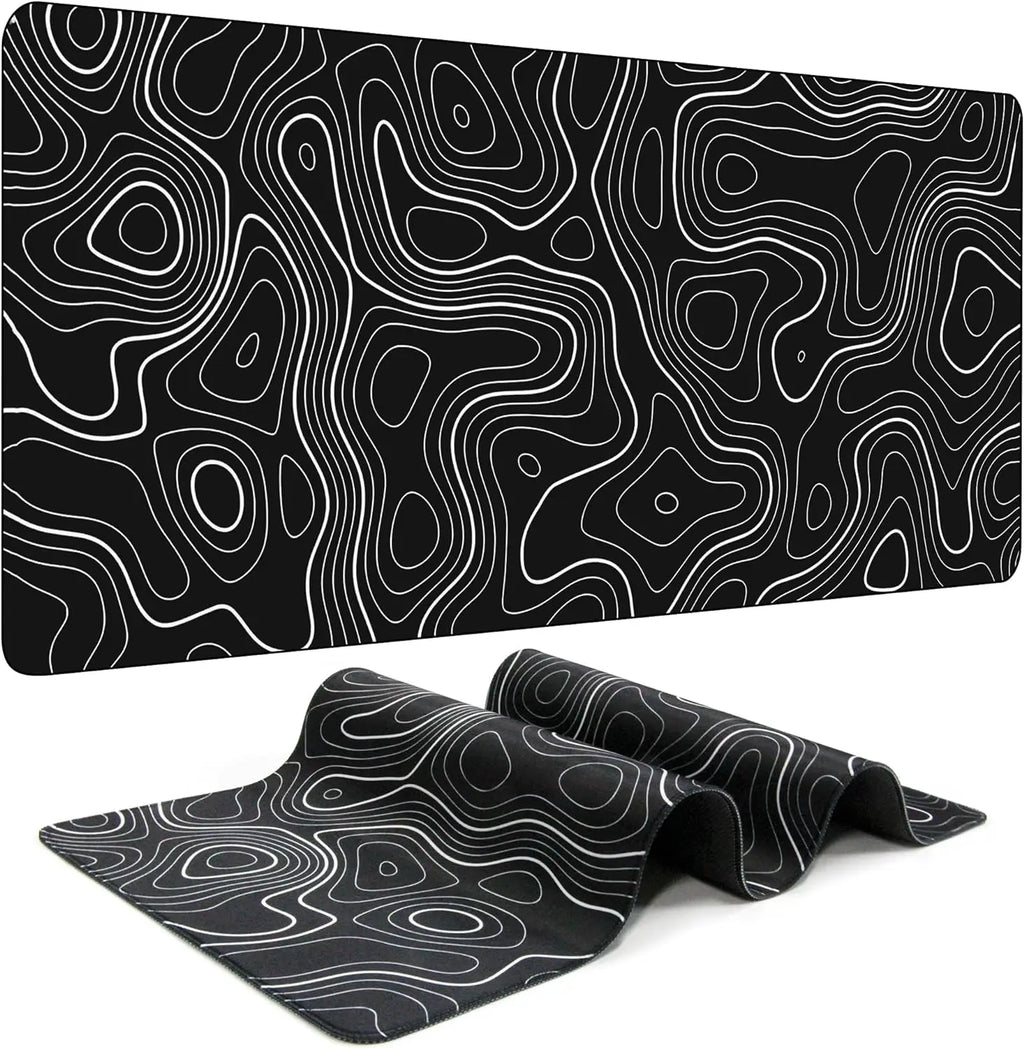 Black extended mouse pad with white contour-line pattern shown flat and folded