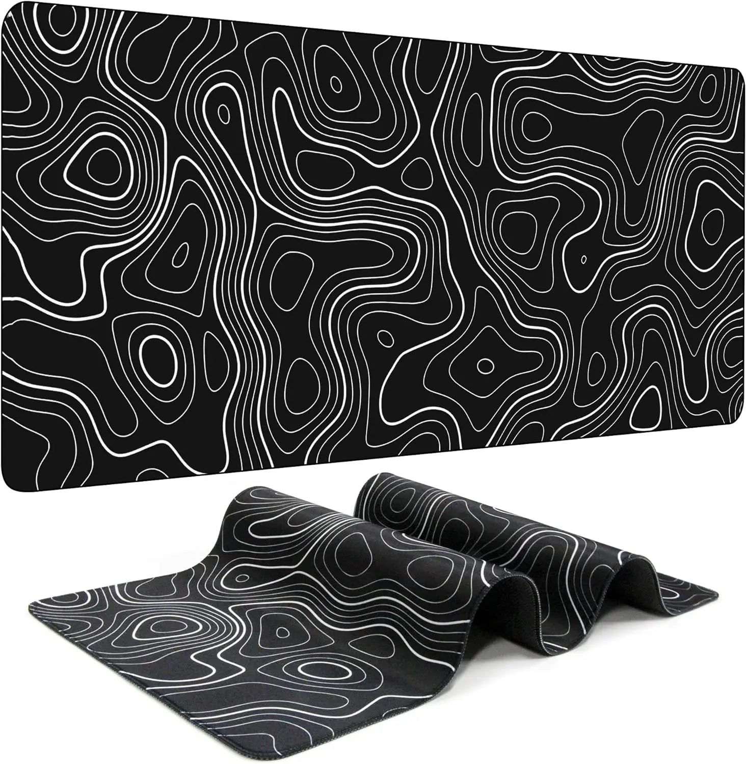 Black extended mouse pad with white contour-line pattern shown flat and folded