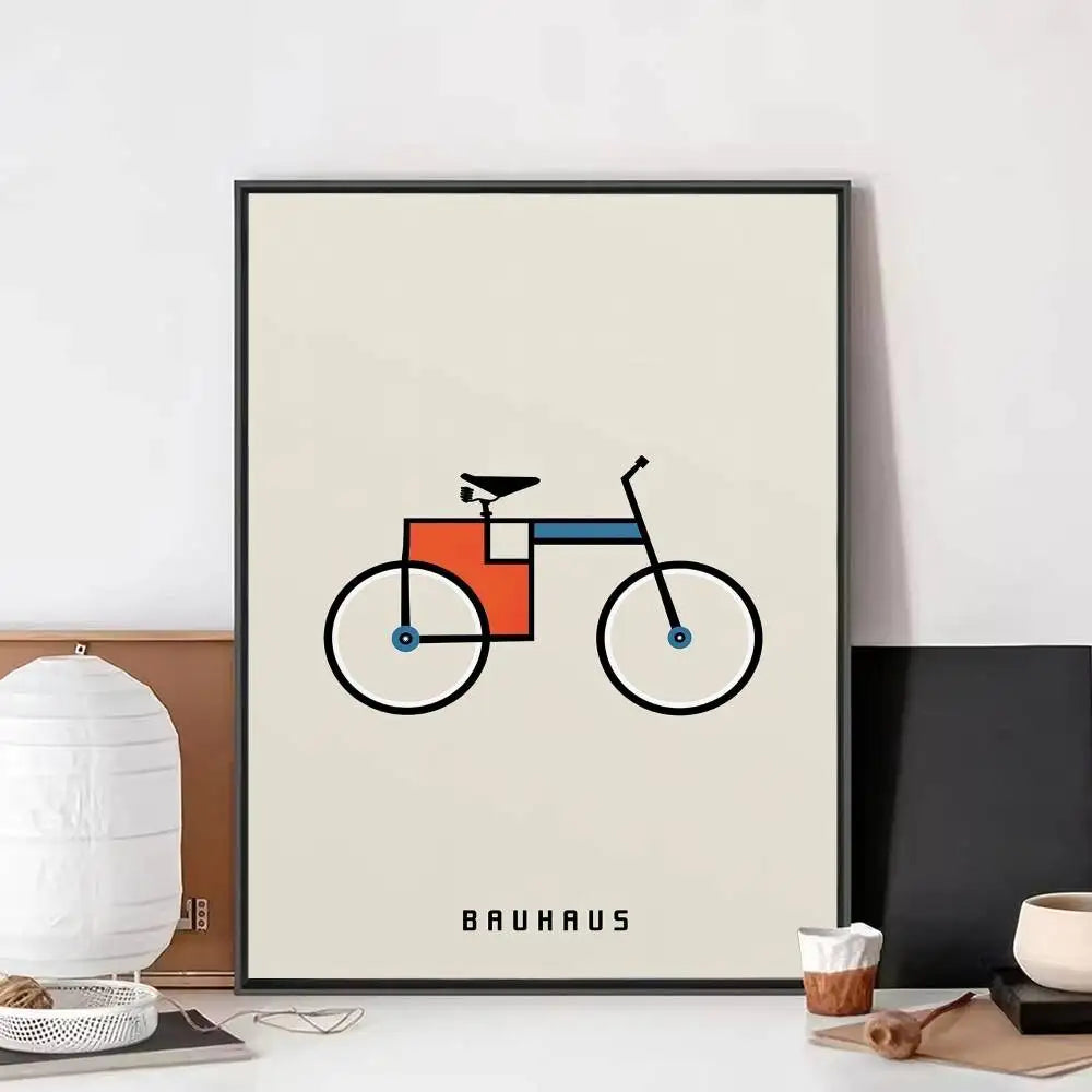 Minimal Bauhaus canvas print featuring a simple bicycle illustration with black, blue, and orange details.