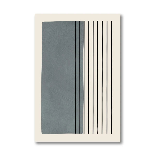 Abstract art print with a gray rectangle and black vertical lines on a beige background