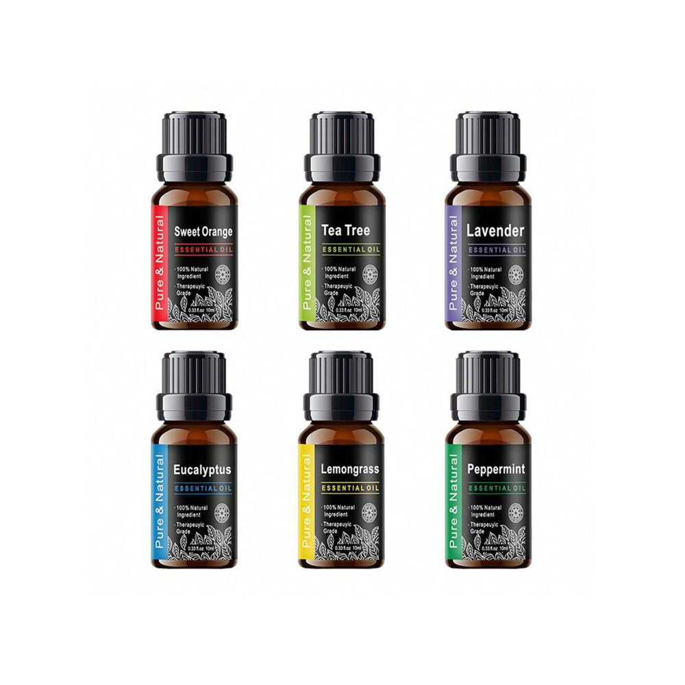 Set of six essential oil bottles with labels on a white background