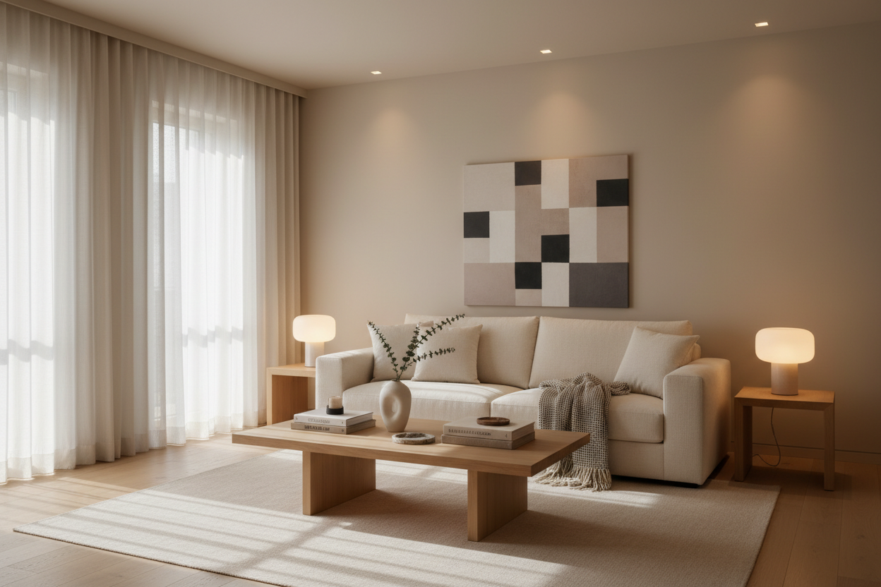 Layered lighting in a warm neutral living room