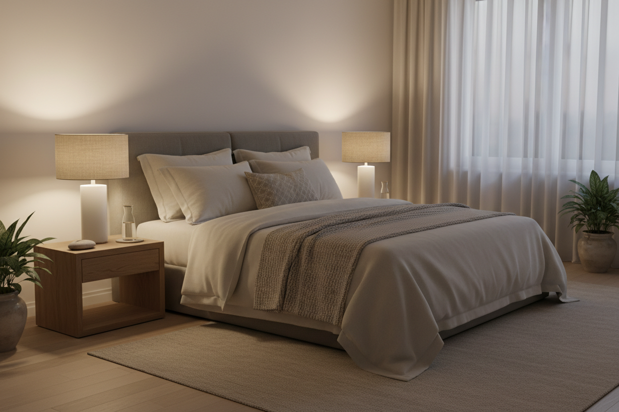 Layered lighting in a warm neutral bedroom