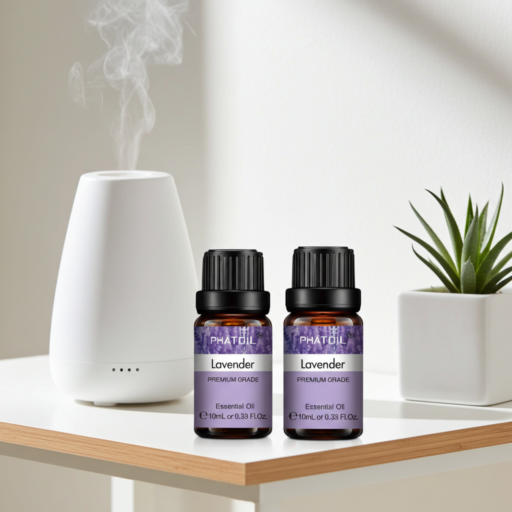 Two bottles of Lavender essential oil and a white diffuser on a wooden surface with a plant in the background.