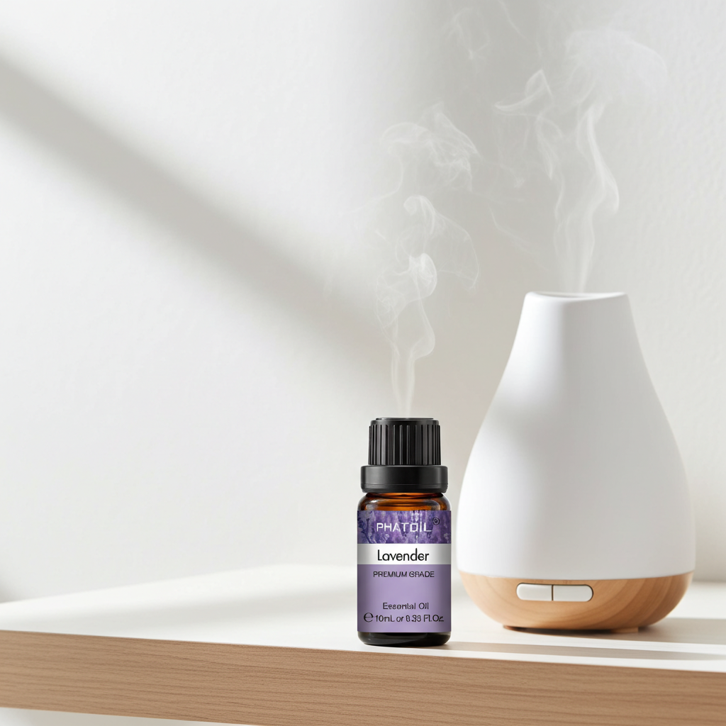 White essential oil diffuser with a bottle of lavender oil on a wooden surface.
