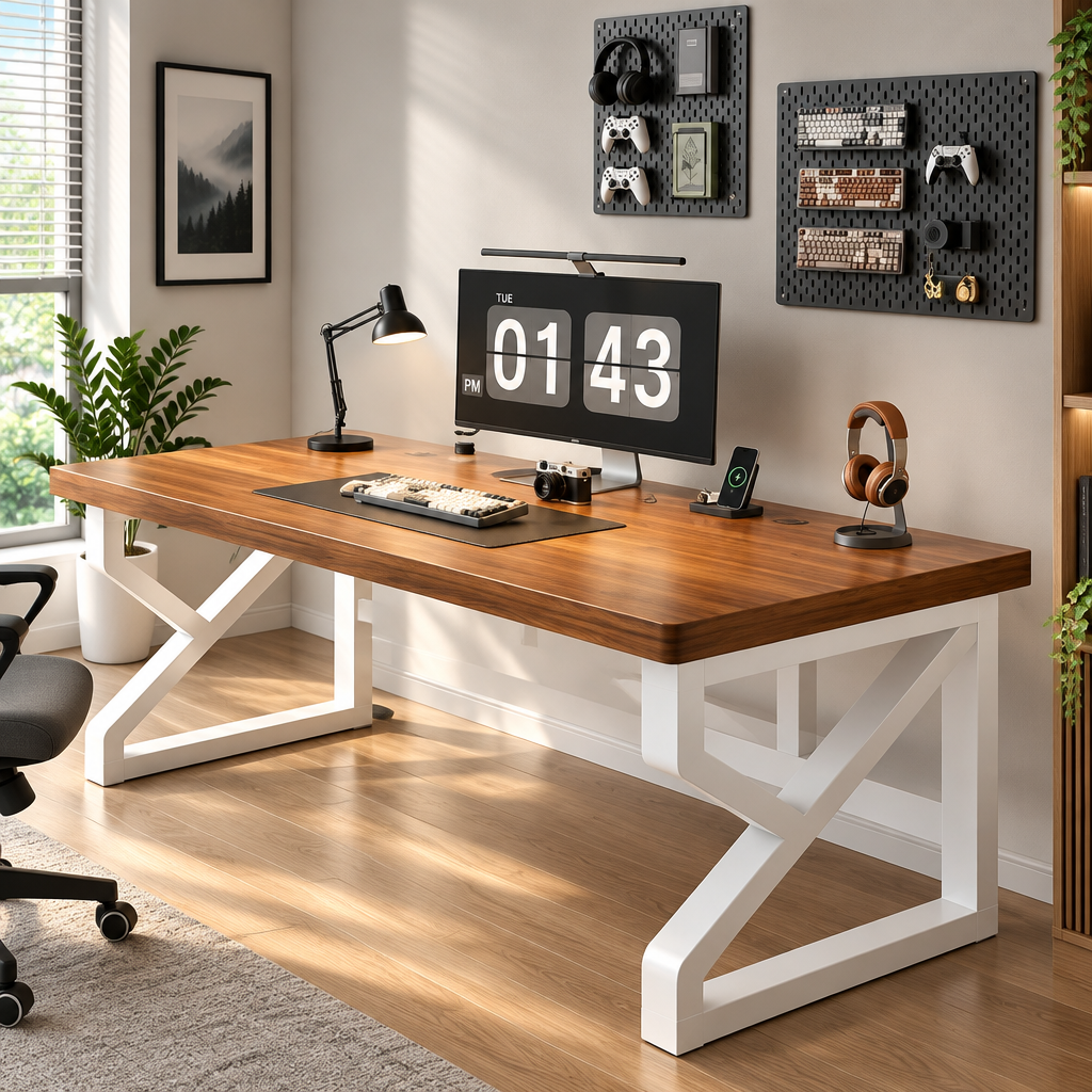 A modern computer desk with a warm brown wood-grain top and white, shaped metal legs, styled in a home office setting with a monitor, lamp, and various desk accessories.